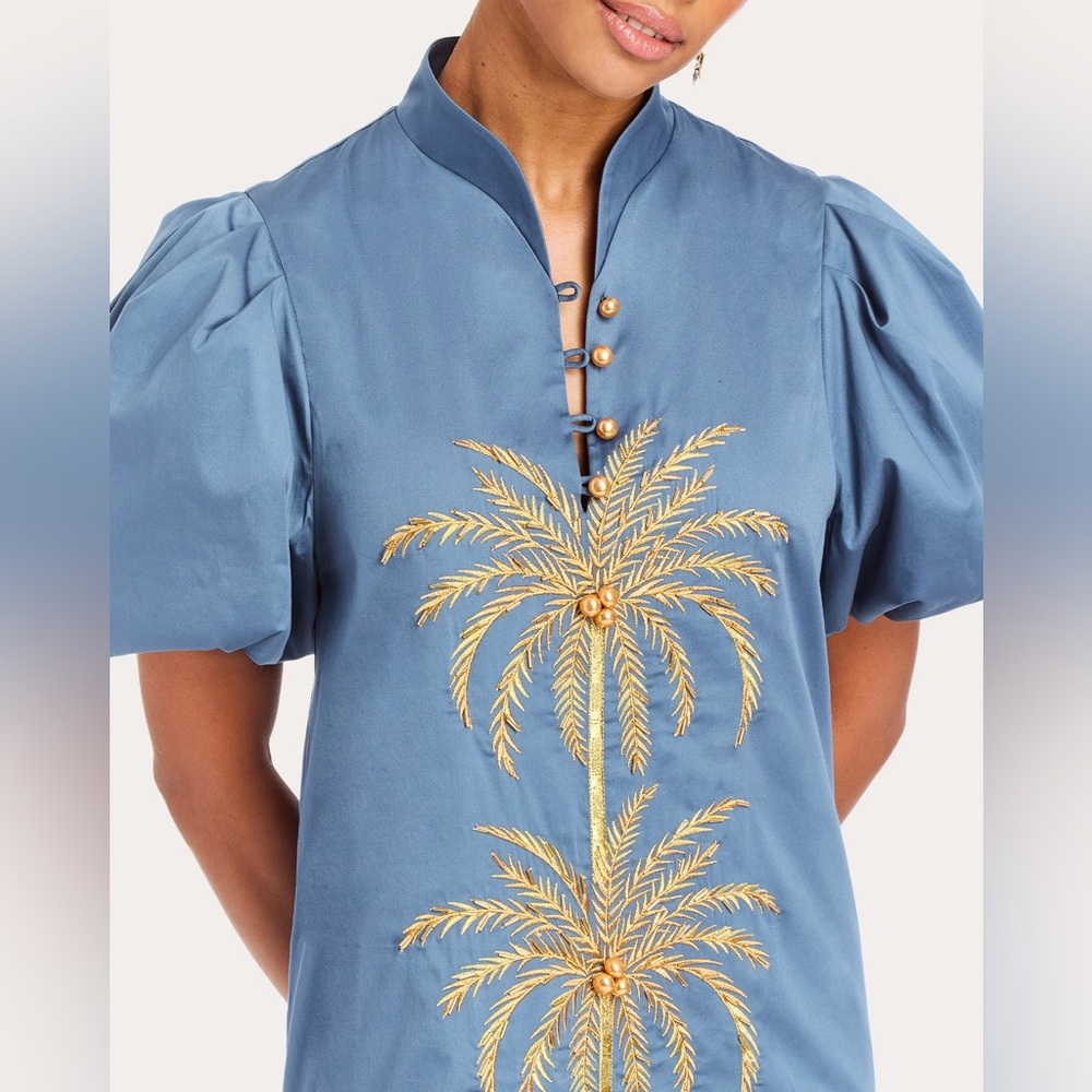 MESTIZA Elliana Gold Palm Embroidered Cotton Poplin Midi Dress in Blue Sz M $475 - Picture 3 of 16